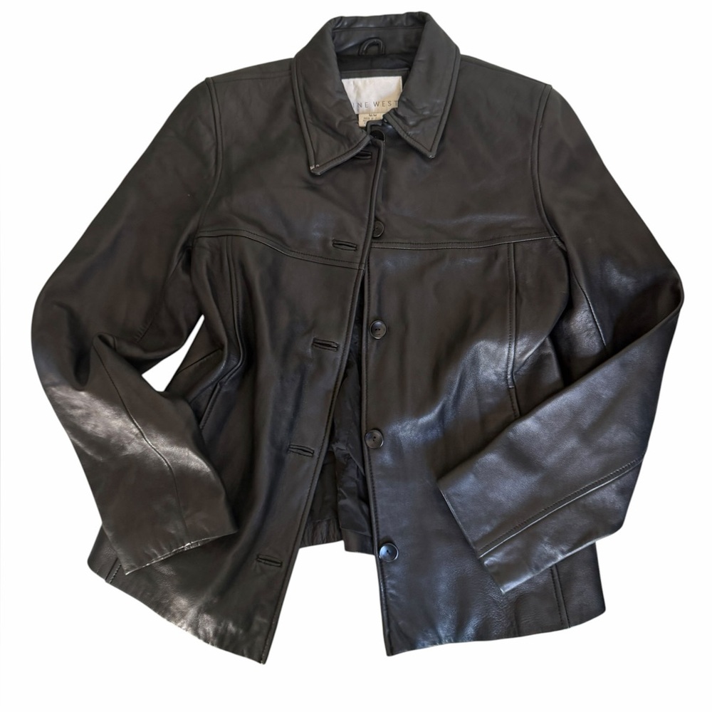 Vintage Nine West Black 100% Genuine Leather Button Front Jacket Lightweight
